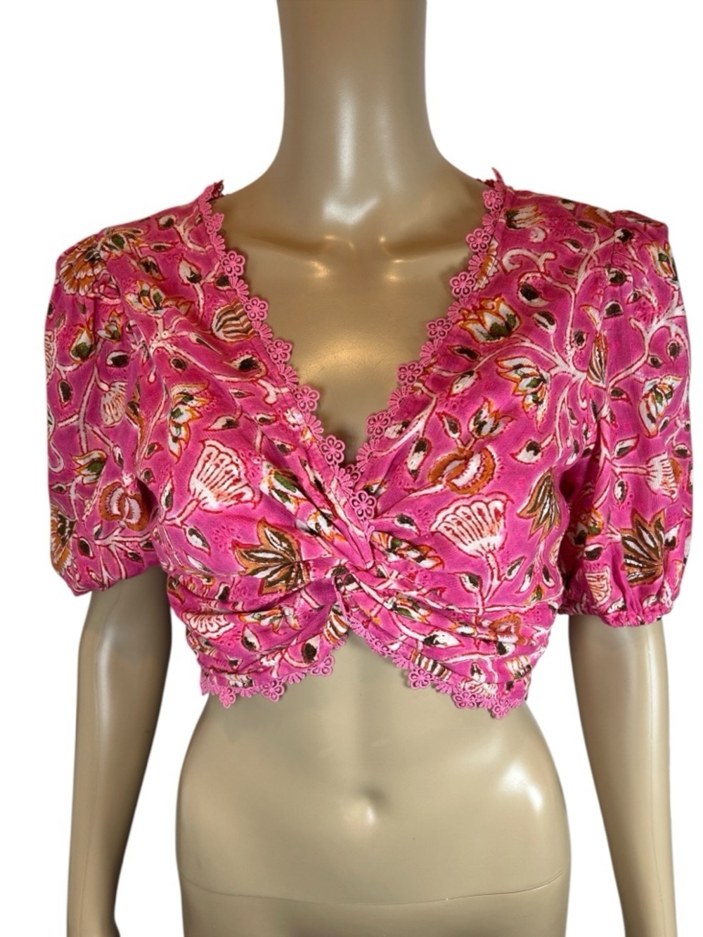 Hemant and Nandita Nara Floral Puff Sleeves Twist-Front Crop Top size M